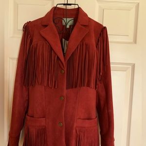 Beautiful burgundy fringe ultra suede jacket petite.